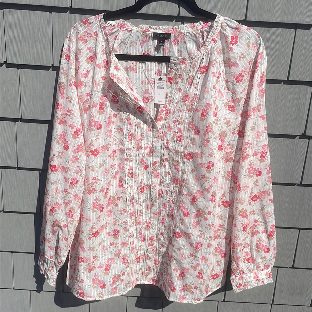 Talbots White and Pink Puff Sleeve Blouse with Mandarin Collar